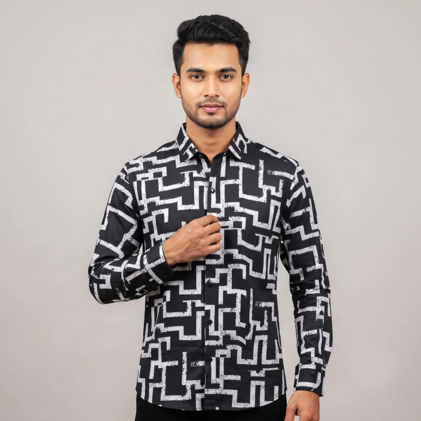 Premium Saffron Fabric Geometric Triangle Print Shirt