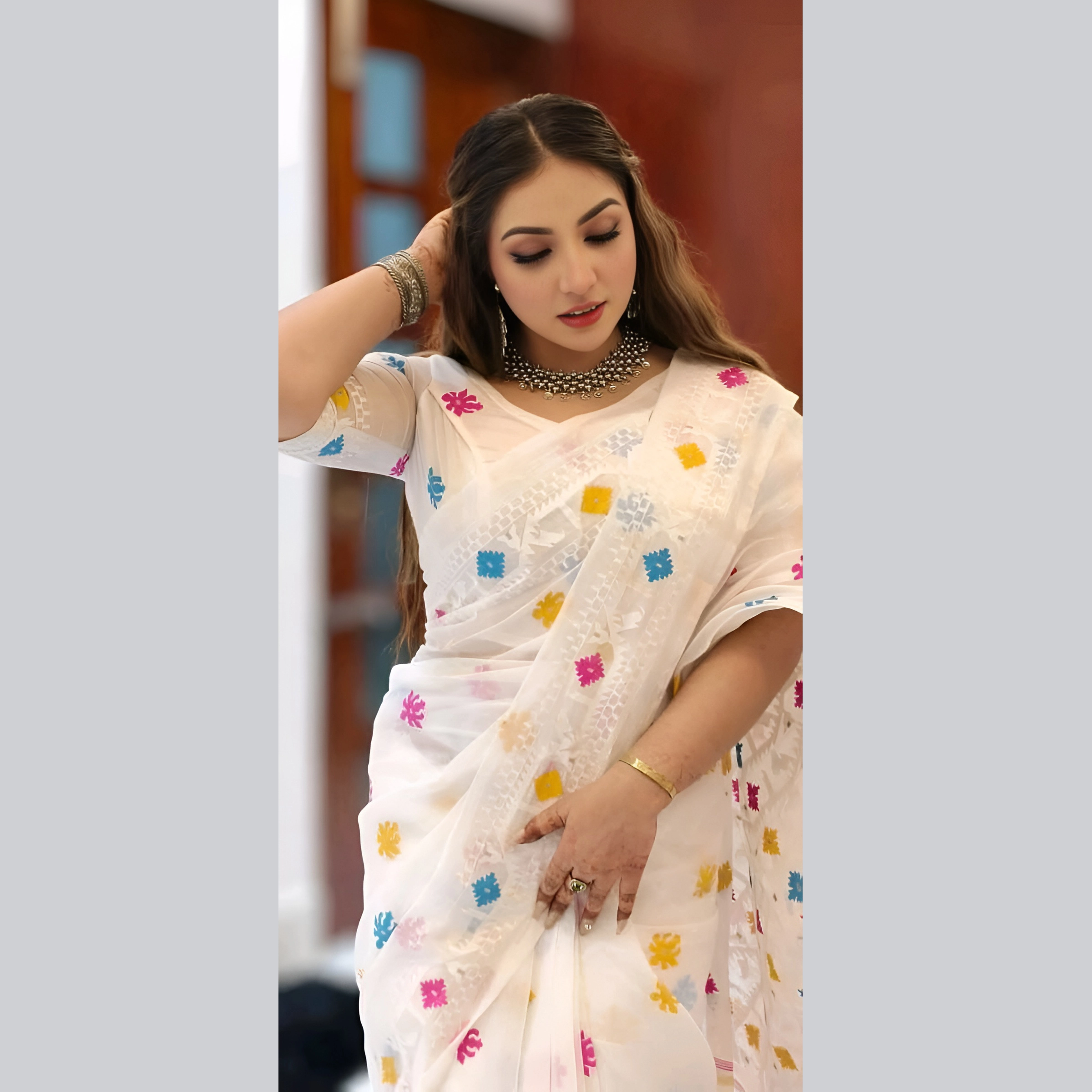 Half Silk Jamdani Print Saree