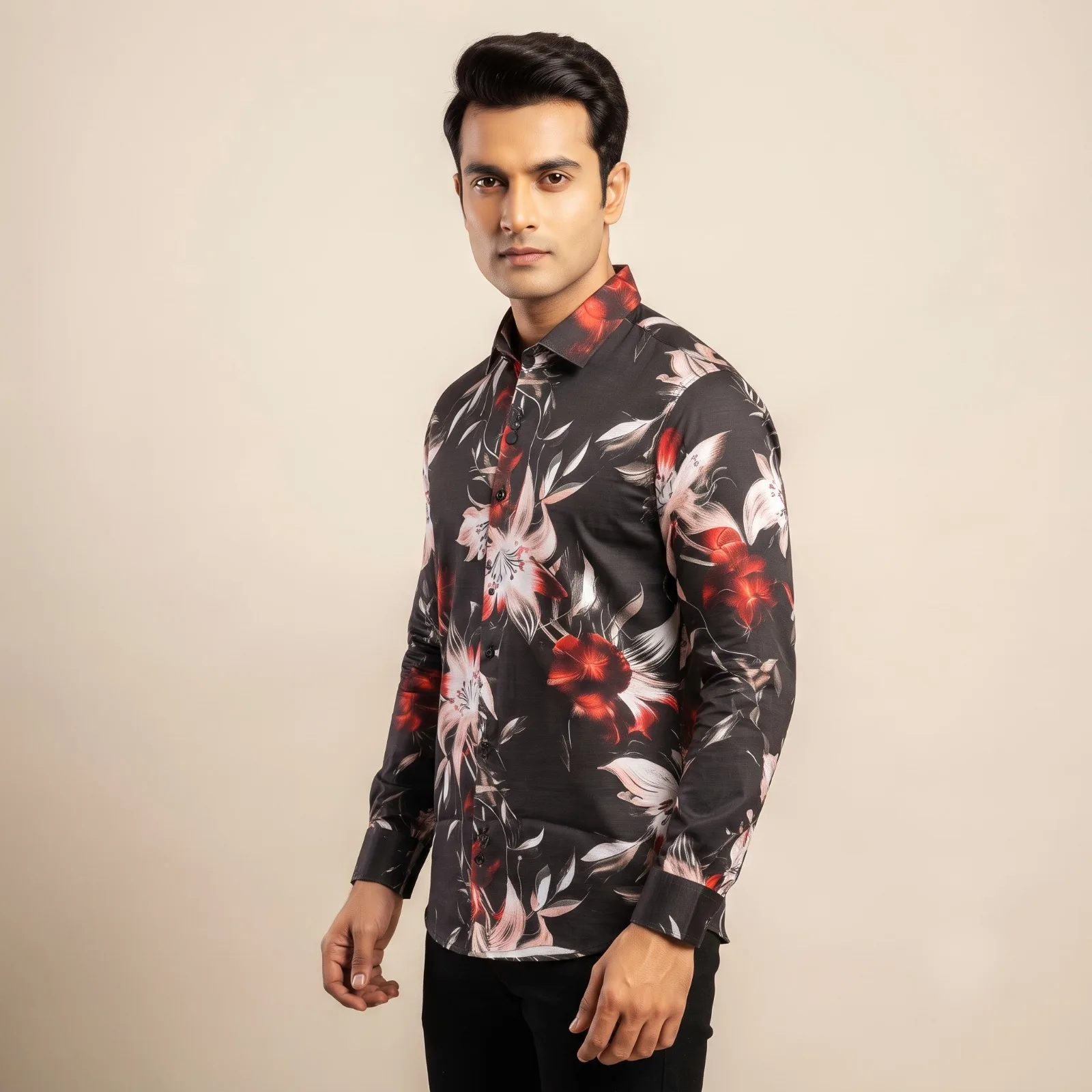 Striking Black & Red Floral Printed Full-Sleeve Casual Shirt