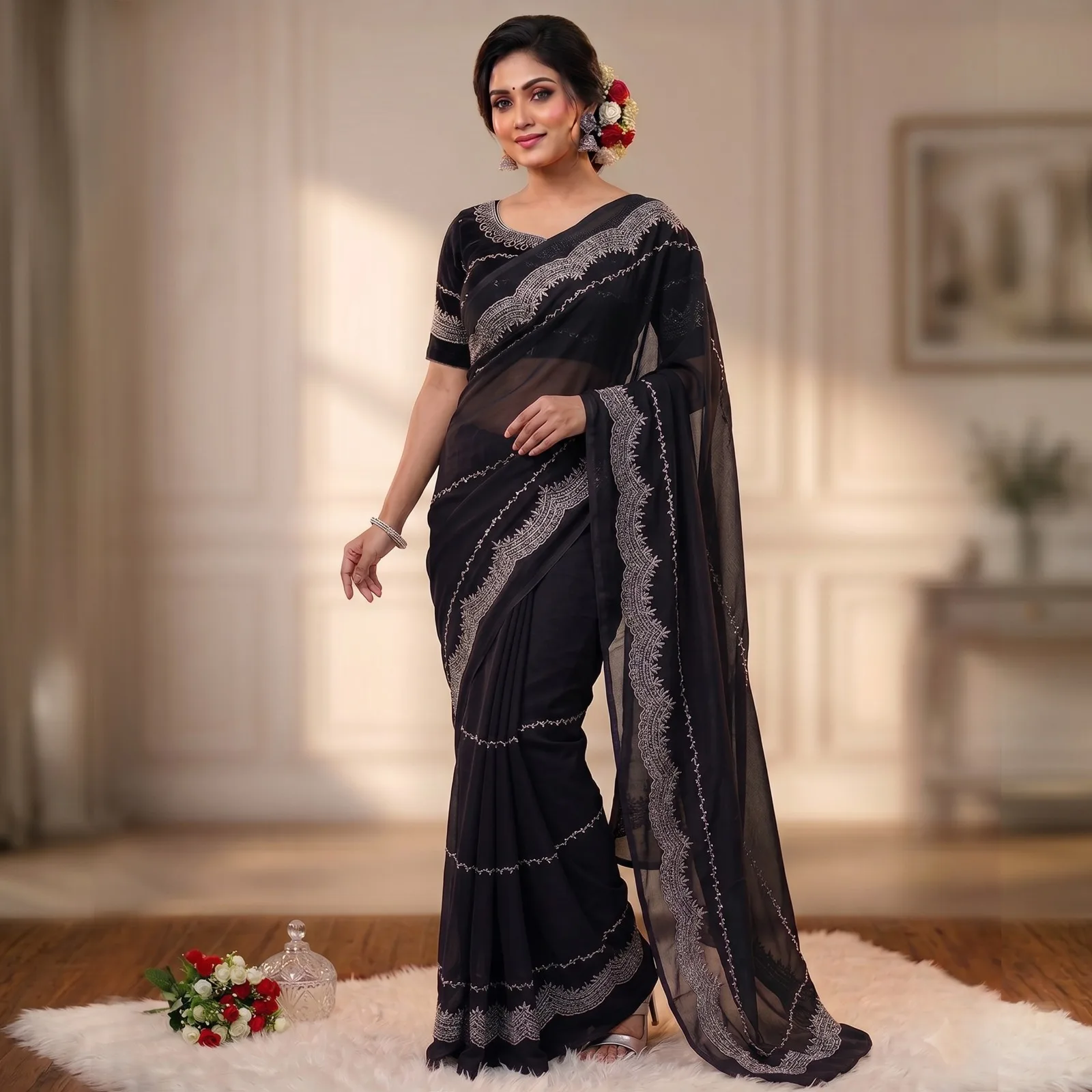 Embroidered Saree with Matching Blouse Piece