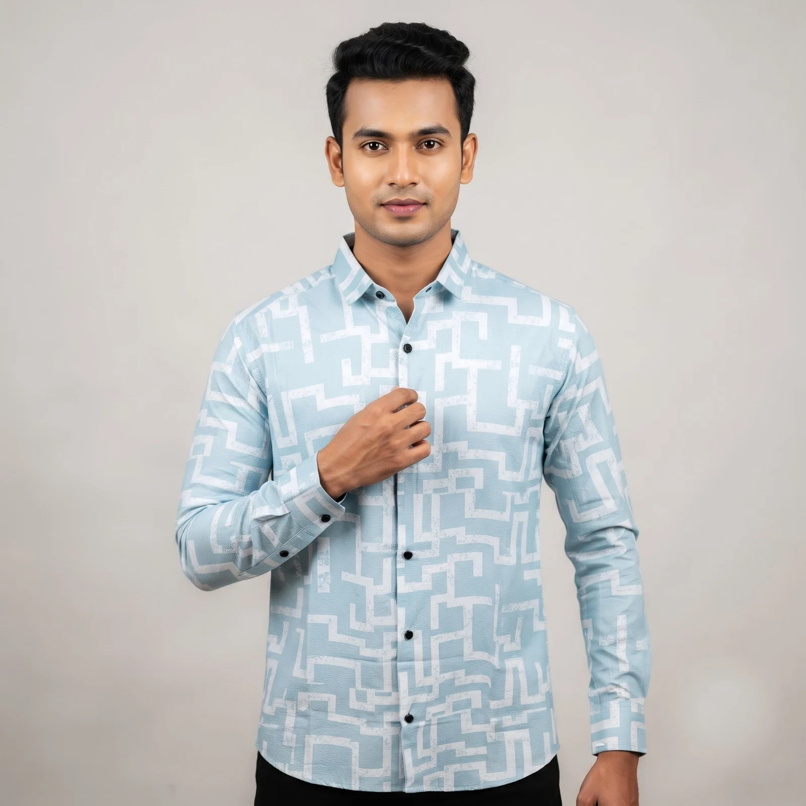 Premium Saffron Fabric Geometric Triangle Print Shirt