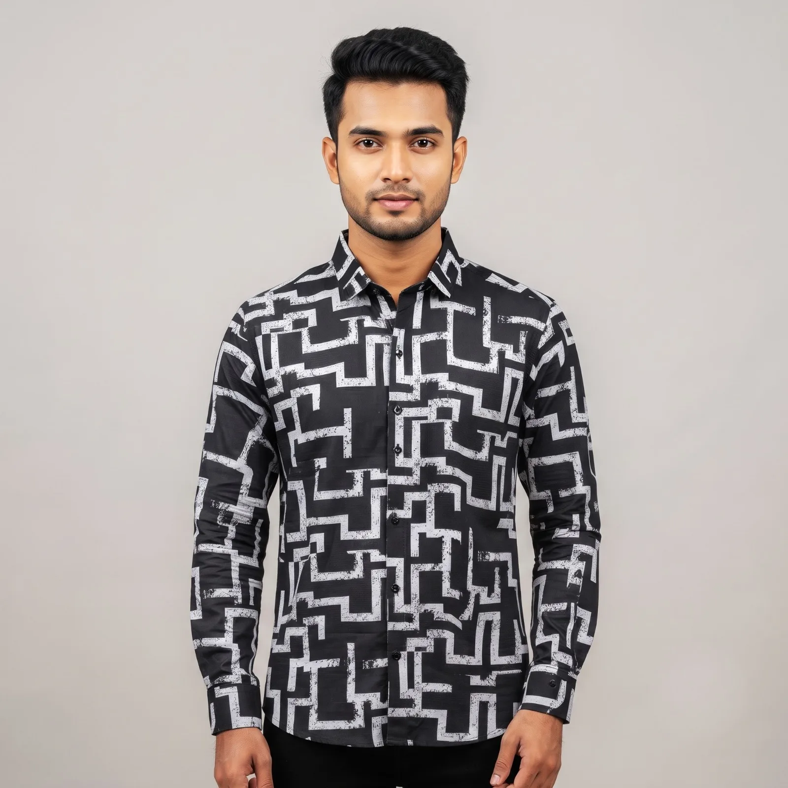 Premium Saffron Fabric Geometric Triangle Print Shirt