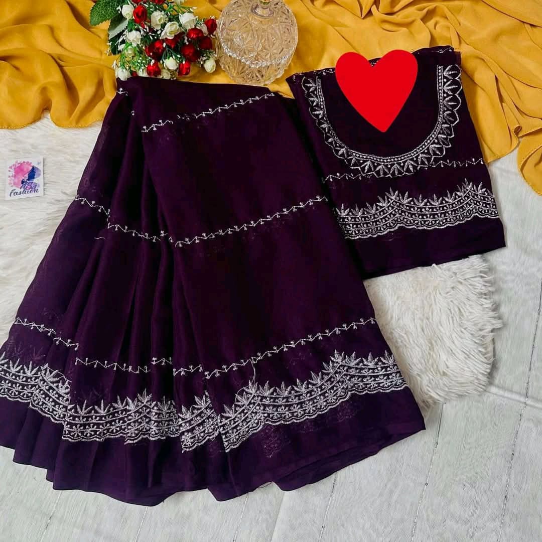 Embroidered Saree with Matching Blouse Piece