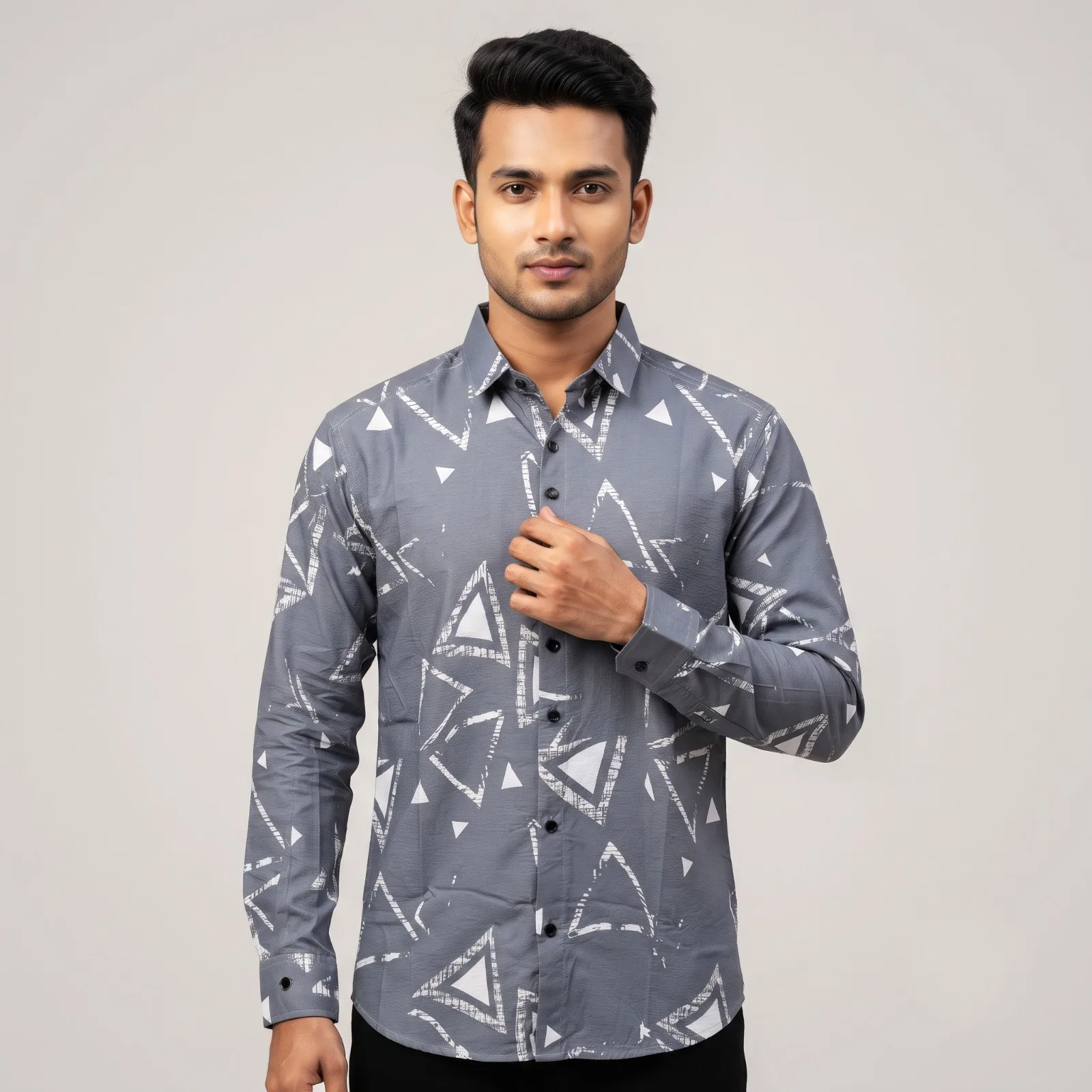 Premium Saffron Fabric Geometric Triangle Print Shirt