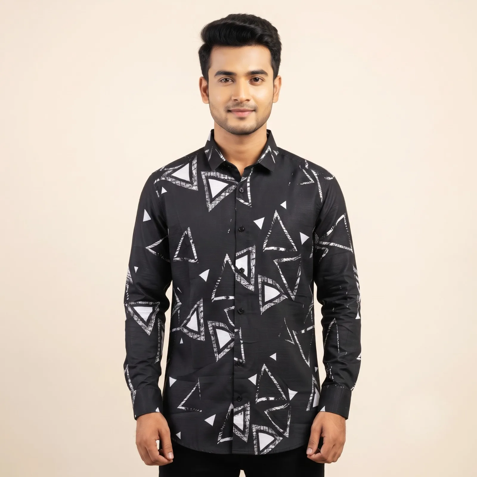 Premium Saffron Fabric Geometric Triangle Print Shirt
