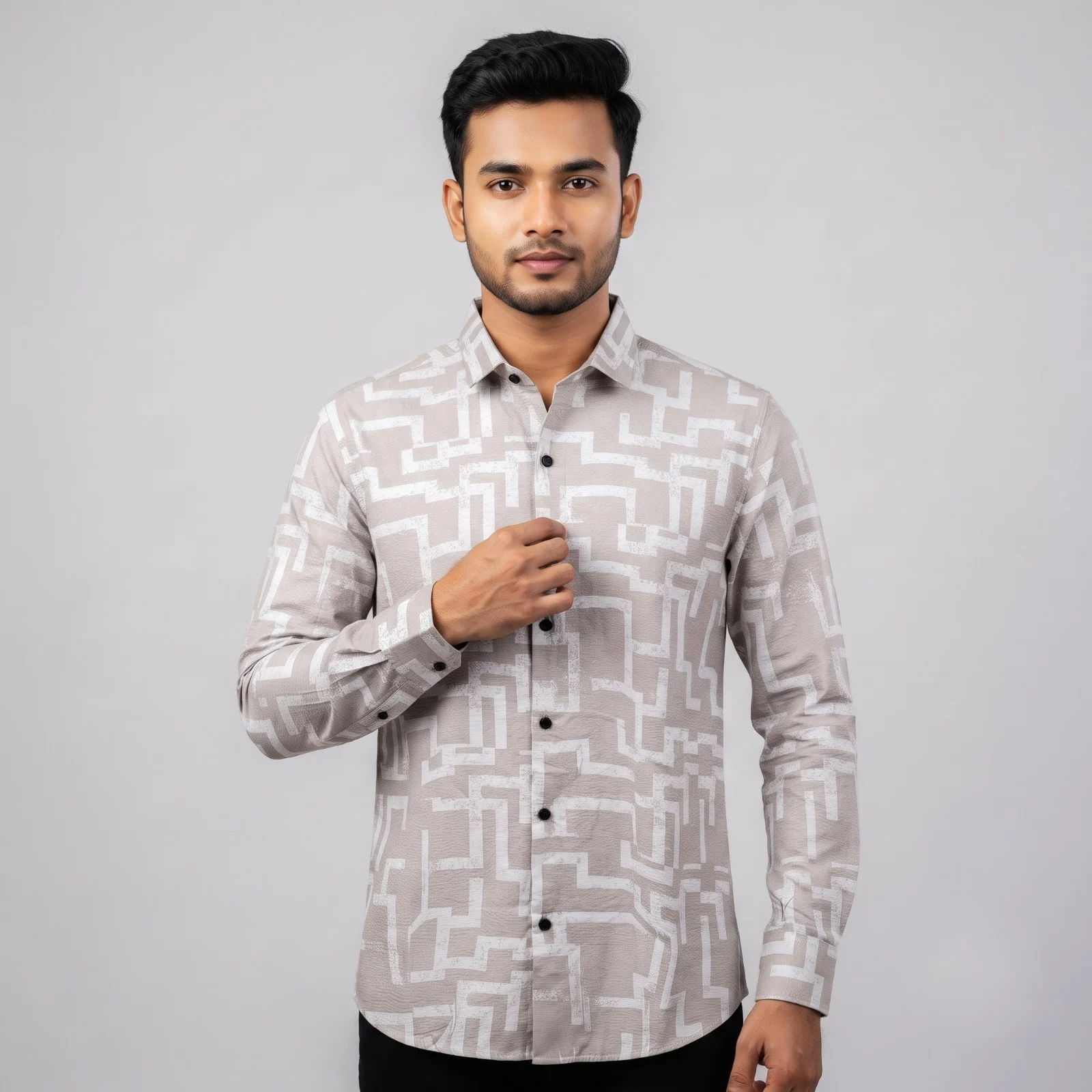 Premium Saffron Fabric Geometric Triangle Print Shirt