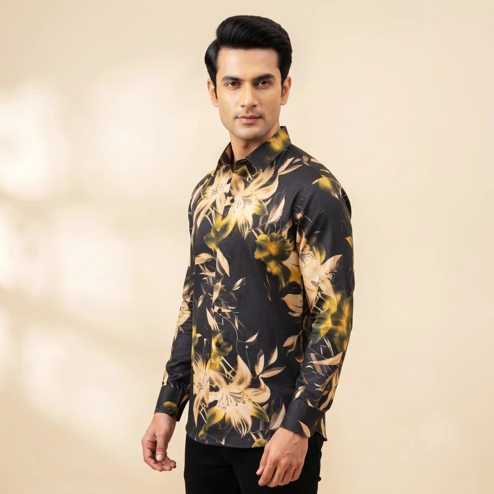Elegant Black & Gold Floral Printed Full-Sleeve Casual Shirt